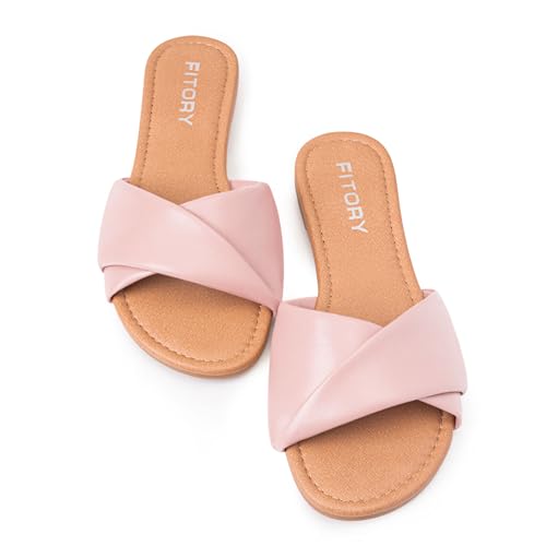 Image of FITORY Women's Flat Sandals Fashion Slides With Soft Leather Slippers for Summer Size 6-11