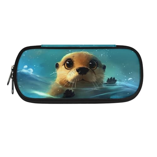Image of Otter Zippered Pencil Case Blue Pen Cases for Kids Girls Lightweight Stationery Pouch with Slots and Compartment Supplies Storage Bag