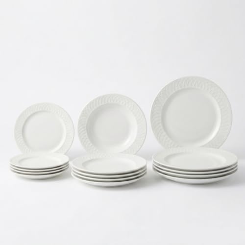 SANTA CLARA | Vajilla Completa 12 Piezas Vidrio Opal para 4 Personas, Apta Microondas y Lavavajillas, Vajilla Cerdeña en Opal con Relieve Reforzado para Hogar y Cocina