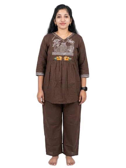Women's Cotton Co-ord Set, Brown, V-Neck Tunic Top with Ethnic Embroidery, Bird Motif, Wide Leg Pants-image-13