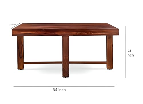 Image of Loonart Solid Sheesham Wood Coffee Table with Four Cushioned Stools | Idel for Living Room | Cafe | Restaurant | Space Saving Indoor Table Set | Finish Color - Honey Teak Finish | White Cushion |