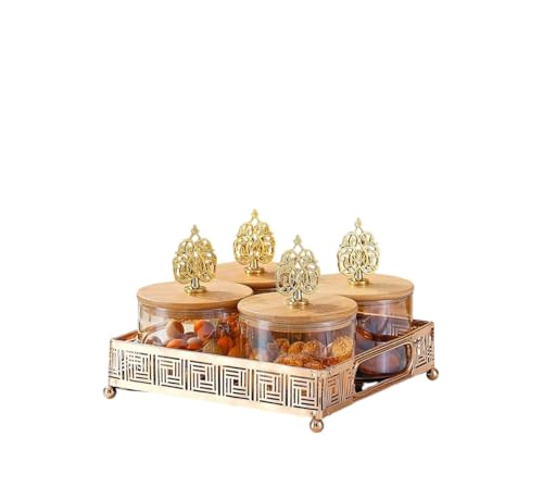 Image of Diwali 4 pcs Glass Dry Fruit Serving Tray Set | 600 ML Each, Premium Design, Air-Tight Lid, Metal Stand, Wooden Lid