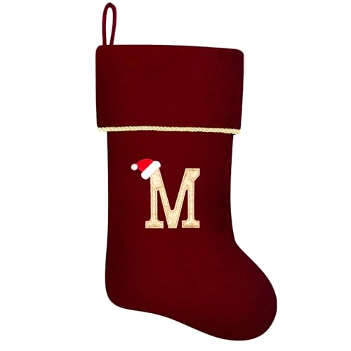Subyan 20 Inches Initial Monogram Wine Red Christmas Stocking, Personalized Large Embroidered Letter Velvet Christmas Stocking with Gold Trim Decoration for Family Christmas Holiday Party Decor(M)