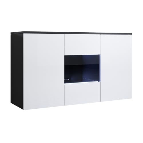 MB Muebles Bonitos, Aparador Mueble TV Colgante Luke A2 para Salón o Comedor Moderno con Luz LED, Melamina Brillo, Color Negro y Blanco, 120 x 70 x 40 cm