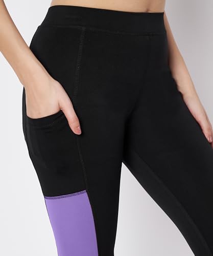 Image of Mehrang High-Waisted Capri Leggings with Side Pocket - Black & Contrast Color Block Activewear for Gym, Yoga, and Everyday Comfort for Women
