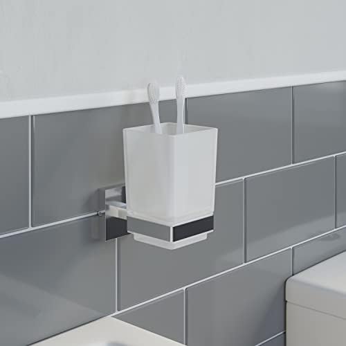 Architeckt Wall Mounted Toothbrush Holder Frosted Glass Square Tumbler Cup Holder for Bathroom Lavatory Polished Chrome Wall Mount Concealed Fixings Screws or Adhesive Accessory