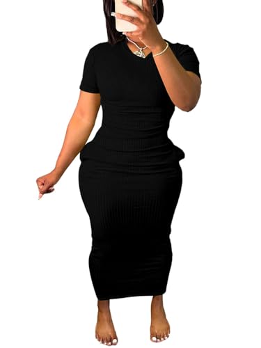 Image of Women's Casual Short Sleeve Dress T Shirt Bodycon Dresses Ribbed V Neck Maxi Sundress Basic Party Club Dress with Pocket