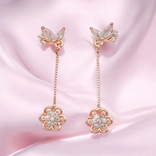 Image of Nilus Collection Rose Gold Plated Heart Design Dangling Earrings with American Diamond Stones For Women And Girls | Gift For Her | Rose gold wedding gift |Romantic gift for women