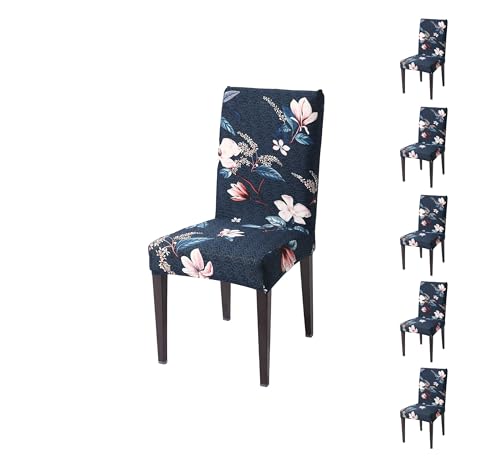 Image of Stretchable Dining Chair Cover - Washable, Removable, Anti-Slip, Protector, Universal Fit (Set of 6, Blue Floral)
