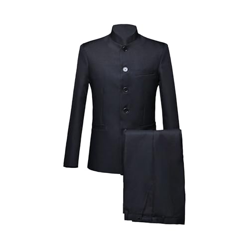 Men's Stand Collar Mandarin Suit Set Slim Fit 2 Piece Comfort Dress Suits Embroidered Front Button Blazer Pants Sets