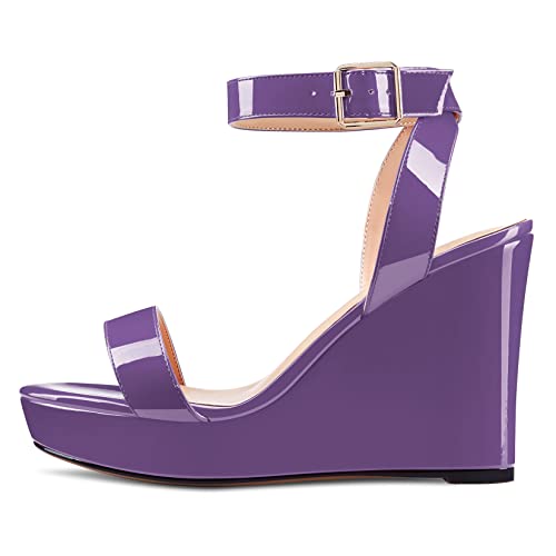 Image of Aachcol Women Platform Wedge Sandals Round Peep Open Toe Ankle Strap Slingback Two-Piece Chunky Block High Heel Dress Shoes Pumps Party Patent 4 Inch