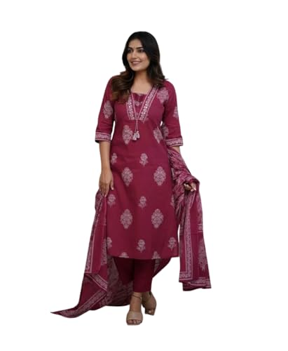 Image of PARTHVI|Women's Pure Cotton Printed with Handwork Kurta with Pants and Dupatta Set | Ethnic Set | Suit Set | Kurta Set | Wedding Suit Set