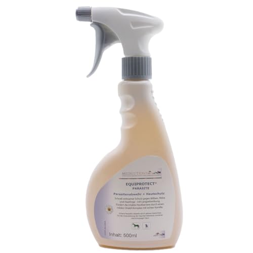 Medilutions Equiprotect Parasite, Parasitenabwehr und Hautschutz, gegen Milben, Flöhe, Läuse, Haarlinge, für Pferde und Hunde, 500ml Sprühflasche