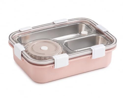 Image of 3 Compartment SUS304 Stainless Steel Lunch Box with Sauce Cup & Cutlery, Leak-Proof Partition Bento Box for School, Office & Travel