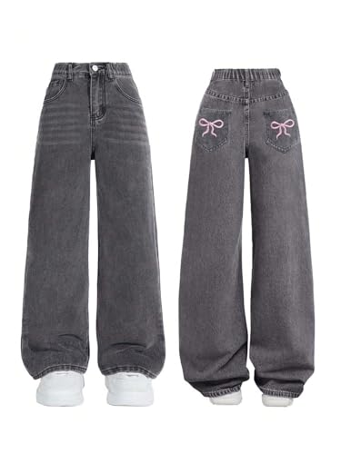 Verdusa Girl's Coquette Bowknot Baggy Jeans Streetwear Wide Leg Denim Pants with Pockets3