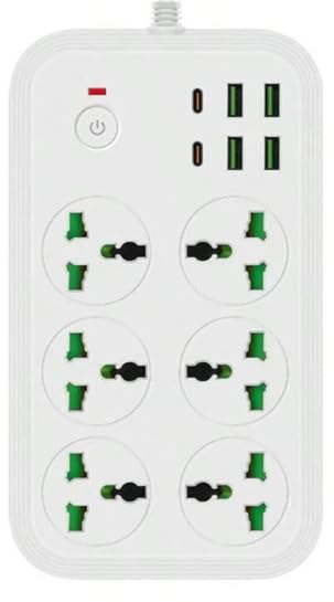COMFET12 in 1 Universal Power Strip (socket) with USB C 2 Slots, Extension Cord(2meter) with 6 Wide Universal Sockets and 4 USB, 110-240v, Max 3000w, Independent Switch, International Plug. (WHITE)