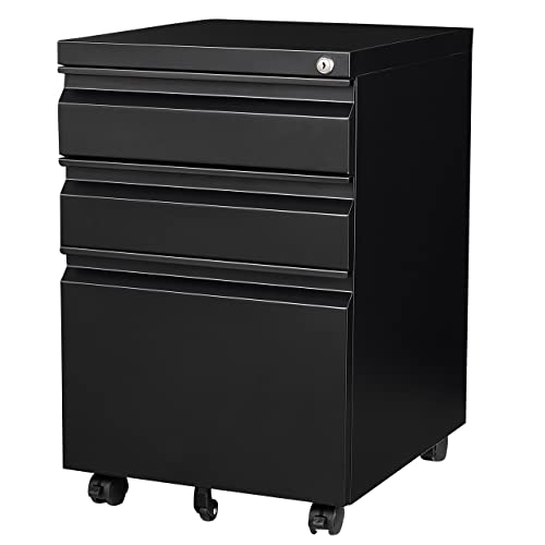 3 Drawer Mobile File Cabinet Under Desk Storage Drawers File Cabinets For Home Office, Office Organization File Cabinet With Lock Metal Filing Cabinet For Legal/letter/a4 File With Slim Width, Black