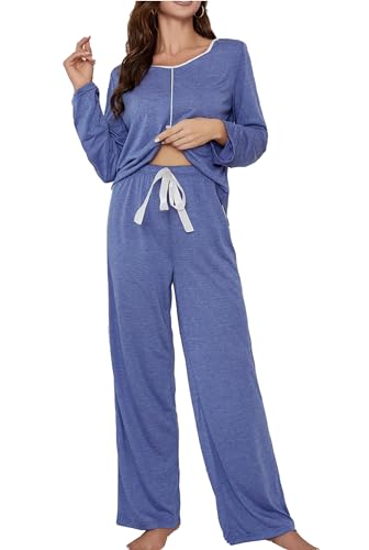 Pyjama col en V femmes ensemble loungewear bleu aux finitions soignées L