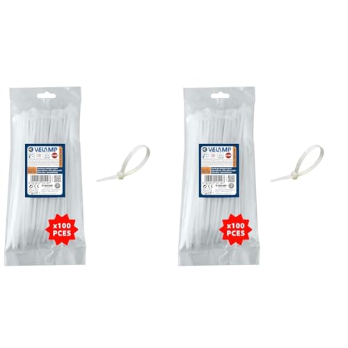 Velamp Kit of 100 Ties-2.5x200 mm Cable clamp, Nylon 6.6, Hyper-Resistant, White (Pack of 2)