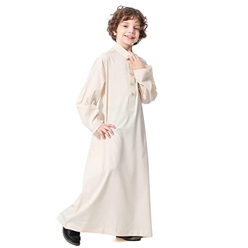 IDOPIP Muslim Thobe for Boys Kids Long Sleeve Islamic Arabic Kaftan Robe Middle East Dubai Prayer Dress Clothes with Pockets2