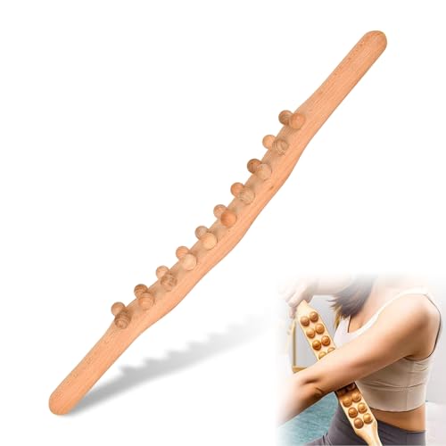 Massagestab Holz Lang - 20 Perlen Gua Sha Holz Massagestab, Massage Werkzeug, Massageroller für Nacken, Rücken, Schulter und Bauch, Ergonomisches Design, Langlebige Holz Massagegerät(58cm)