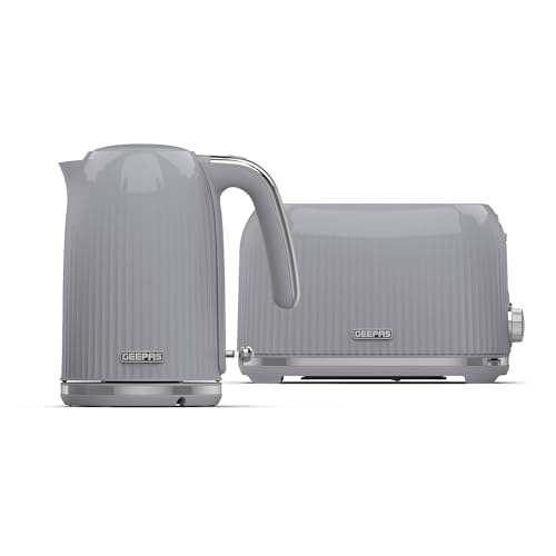 GEEPAS Fluted 1.7L Kettle & 2 Slice Toaster Kitchen Combo Set | 3000W Rapid Boil Cordless Kettle Auto Shut-Off | 1750W Toastie Machine 6 Browning Level Removable Crumb Tray Cord Storage | Grey