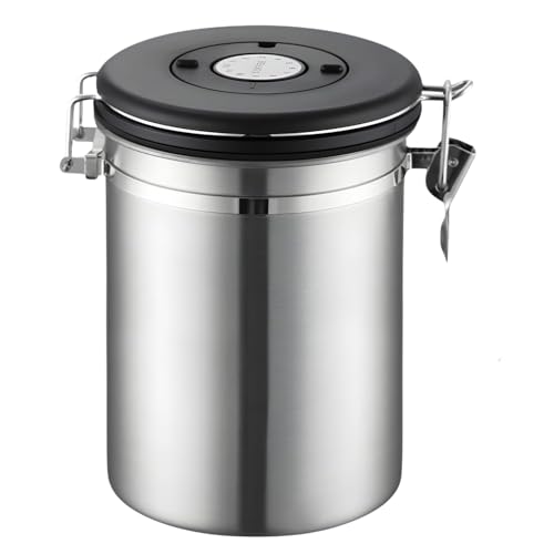 Image of Container for Ground Coffee, Coffee Beans - Coffee Canister 1800 ml with Built in Valve Stainless Steel Airtight with Scoop, Storage for Beans, Grounds, Tea, Sugar (Set of 1)