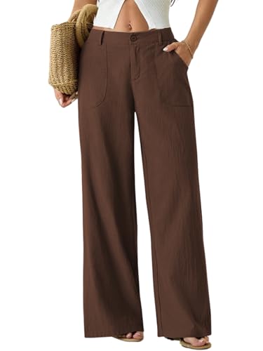 Image of GRECIILOOKS Beige Wide Leg Linen Trousers for Women | High Waist Cotton Baggy Korean Style Casual Pants | Comfortable Formal & Casual Women Trousers