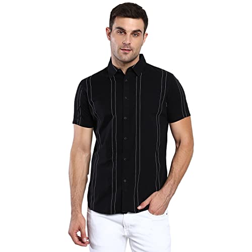 Image of Dennis Lingo Men's Striped Slim Fit Cotton Casual Shirt with Spread Collar & Half Sleeves