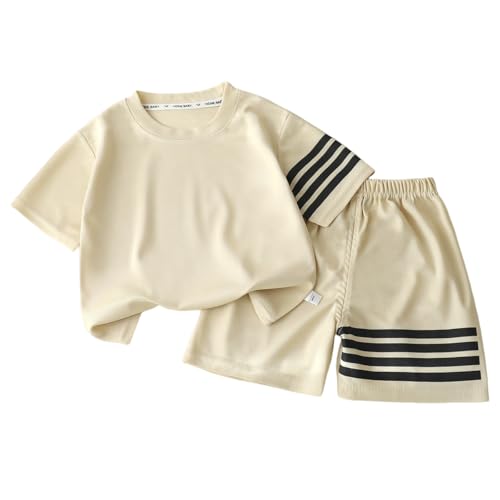 [fashionme] �x�r�[�� �j�̎q/���N 80-140cm 4�{�̃X�g���C�v 2�_�Z�b�g �^���Z�b�g �q���� �A�b�v �W���[�W �L�b�Y �㉺ �n�[�t�p���c �Ԃ���� �ĕ� �c�t�� �X�N�[�� �ʉ� �ʊw �z������ UV�J�b�g (�J�[�L, 90cm)
