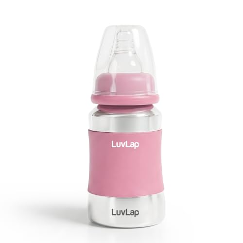 Image of LuvLap Baby Steel Feeding Bottle 140ml, Made of SS304 Rust Free Steel, Baby Milk /Water Bottle with Dust Cover, Heat Protective Silicone Cover, BPA Free, Odour Free, Leak Proof, Pink, 0M+