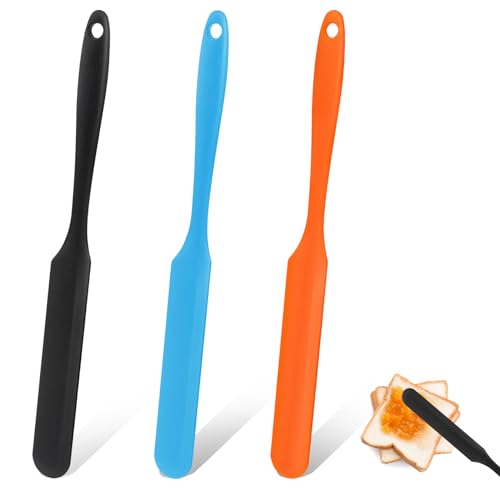 3pcs Silicone Jar Spatula Heat Resistant Kitchen Spatulas with Long Handle, Jam Spreader Cake Cream Butter Spatulas Mixing Batter Scraper for Jars Baking Cake Icing(Blue&Orange&Black)
