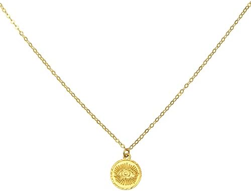 14k Italian Solid Yellow Gold Petite Evil Eye Disc Pendant Charm Necklace, Adjustable 16” or 18”