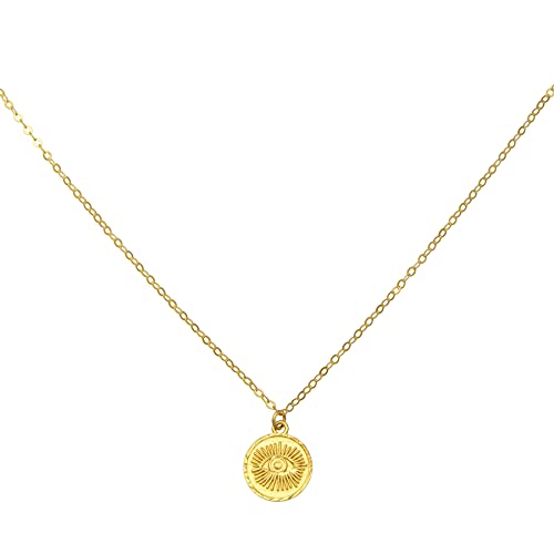 14K Italian Solid Yellow Gold Petite Evil Eye Disc Pendant Charm Necklace, Adjustable 16” Or 18” #TOP2