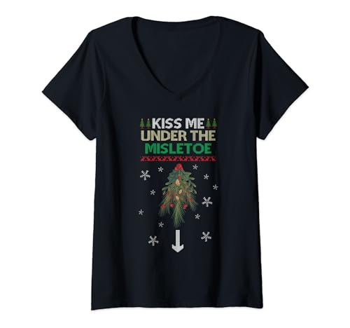 Bésame bajo el muérdago, divertida, sexy y fea Navidad Camiseta Cuello V