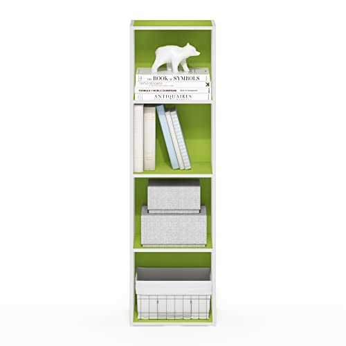 Image of Furinno PASIR Book Shelf, 4-Tier Modern Bookshelf, Open Shelves Bookcase 9 x 12 x 42, Easy Assembly, for Living Room, Bedroom, Home Office, Green /White