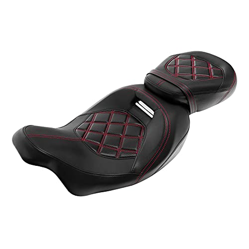 XFMT Motorcycle Low Profile Two-Piece 2-Up Driver Passenger Seat For Harley Touring Road King Street Glide Road Glide Electra Glide CVO 2009-2023 Red Stitching