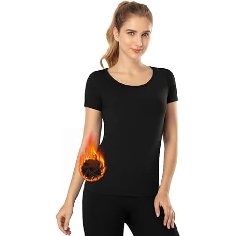 MANCYFIT Thermal Top for Women Fleece Lined Shirt Short Sleeve Base Layer Black Medium Cover