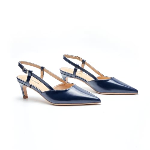 C.Paravano Slingback Heels for Women Pointed Toe Heels Sandals Slingback Pumps Low Heel Pointed Kitten Heels Slip On Work Pumps Dress Shoes(Size5.5,Navy Heel)2