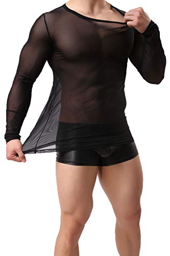 L'asher Men's Sexy Underwear T-Shirt Long Sleeve Mesh Sheer Undershirt Sleepwear Black #TOP4