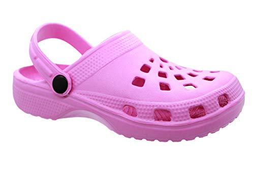 buyAzzo Kinder Clogs Hausschuhe | Jungen Mädchen Badeschuhe Badeclogs | Freizeitschuhe Gartenschuhe | Slipper Latschen Pantoletten | Komfort Fersen Riemen | Gr.25-35 (Pink, Numeric_32) Cover