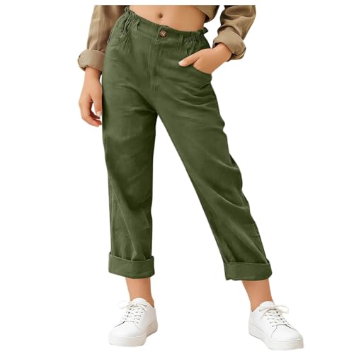 Kids Straight Leg Linen Pants Lightweight Loose Elastic Waist Outdoor Casual Pants with Pockets for Girls Boys 5-16 Years