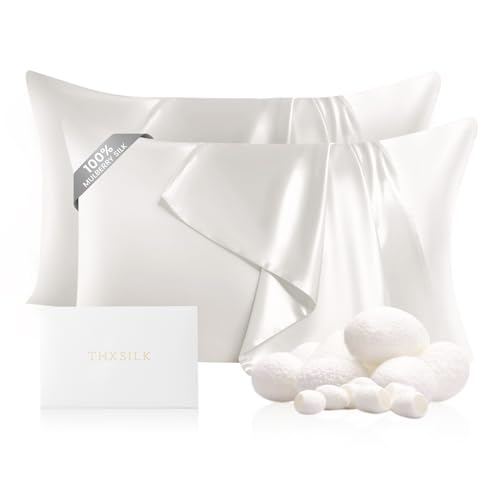Image of THXSILK Set of 2 100% Pure Mulberry Silk Pillowcases for Hair and Skin, Highest 6A+ Grade 22 Momme Silk Pillow Case Standard Size, Real Silk Pillowcases with Zipper (White, Standard)