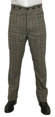 Historical Emporium Men's High Waist Wool Blend Glen Plaid Trousers, Victorian Western Pants with Suspender Buttons