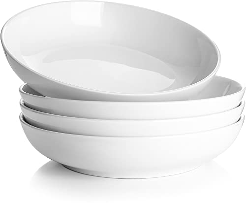 DOWAN 8.5' Pasta Bowls Set of 4, 30oz White Ceramic Shallow Dinner Bowls for Salad, Soup & Pasta, Stackable and Easy to Clean, Ideal for Everyday Use & Housewarming Gift(Soft White)