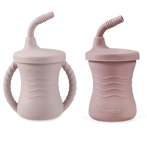 Image of PandaEar 2 Pack Silicone Baby Training Cup, Shatterproof Toddler Sippy Cups with Straw Drinking Sippy Cups for Baby and Toddler 6 Months+ 5 Oz (Dark Pink/Light Pink)