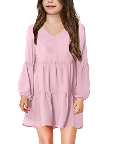 Imily Bela Girls Casual Tunic Dresses V Neck Long Sleeve School Party Swing Dress Pink