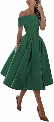 Image of Knee-Length Satin Off Shoulder Homecoming Dress Short Prom Cocktail Party Dress for Junior