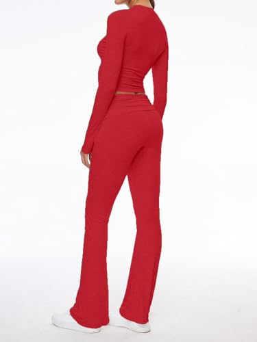 Image of AnotherChill Women's Long Sleeve Top Foldover Flare Pants Lounge Set | 2 piece cropped shirt and slim flare trousers comfy loungewear, soft modal casual matching sets, travel airport outfits