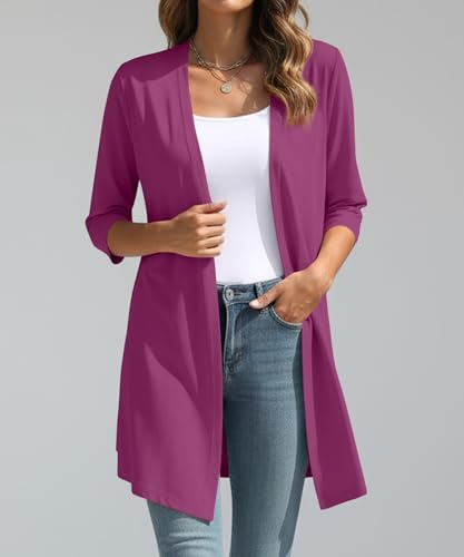 Image of YSYOKOW Womens Open Front Long Cardigan 3 /4 Sleeve Lightweight Knit Cardigan Casual Layering Spring Summer